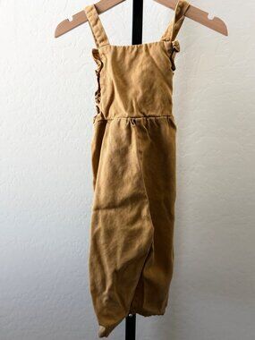 ZARA Baby Girls Tan Camel Linen Blend Ruffle Overalls Jumpsuit Romper Sz 18- 24